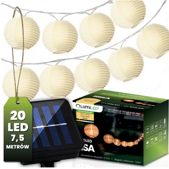 Girlanda Solarna Ogrodowa 20x LED Ozdobne Lampiony 7.59m Ciepła 3000K RISA LUMILED