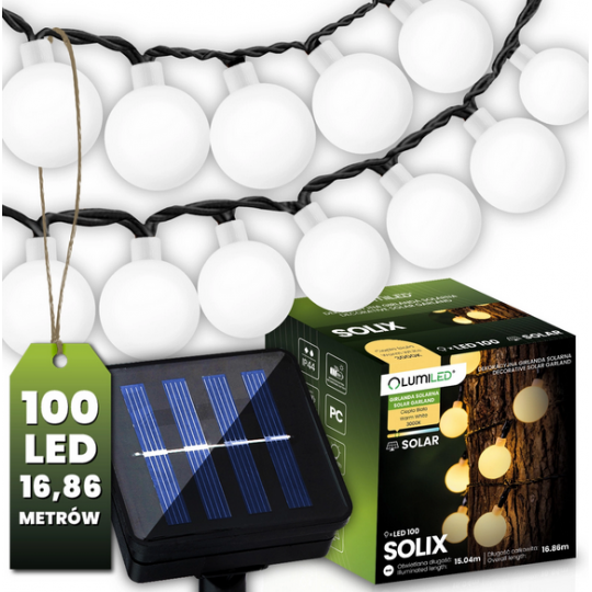 Girlanda Solarna Ogrodowa Lampki Solarne 100x Żarówka LED  SOLIX  Ozdobne Kulki 16m 3000K LUMILED