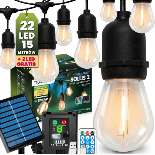 Girlanda Solarna Ogrodowa 22x LED SOLLIS 2 Ozdobne Żarówki 15m 2700K Ciepła + PILOT IP65 LUMILED