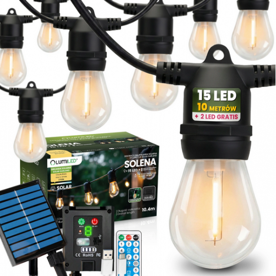 Girlanda Solarna Ogrodowa 15x LED Ozdobne Żarówki 10,4m 2700K Ciepła + Pilot SOLENA LUMILED