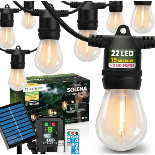 Girlanda Solarna Ogrodowa 22x LED SOLENA  Ozdobne Żarówki 15m 2700K Ciepła + Pilot LUMILED