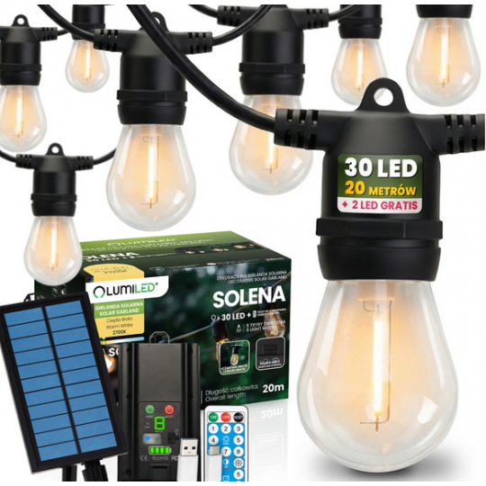Girlanda Solarna Ogrodowa 30x LED Ozdobne Żarówki 20m 2700K Ciepła + Pilot SOLENA LUMILED