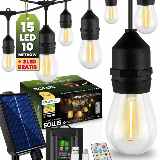Girlanda Solarna Ogrodowa 15xLED Ciepła + Pilot SOLLIS LUMILED
