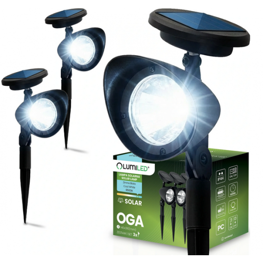 3x Lampa Ogrodowa LED Solarna Wbijana Czarna Kierunkowa OGA Reflektor IP44 6500K LUMILED