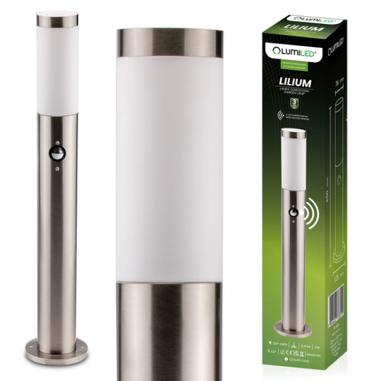 Lampa Ogrodowa Zewnętrzna E27 INOX SŁUPEK 65cm z Czujnikiem Ruchu Lilium LUMILED