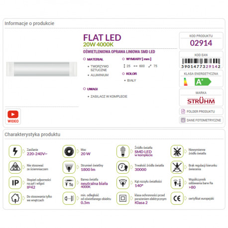 Lampa listwa FLAT LED 20W 4000K 60cm 02914 Sthor