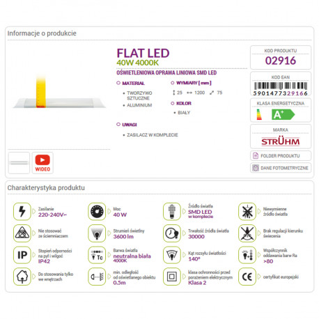 Lampa listwa FLAT LED 40W 4000K 120cm 02916 Struhm