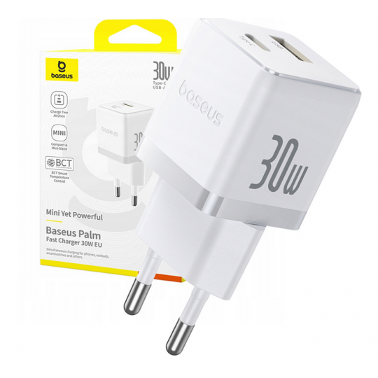 Ładowarka sieciowa USB-A USB-C 30W biała BASEUS