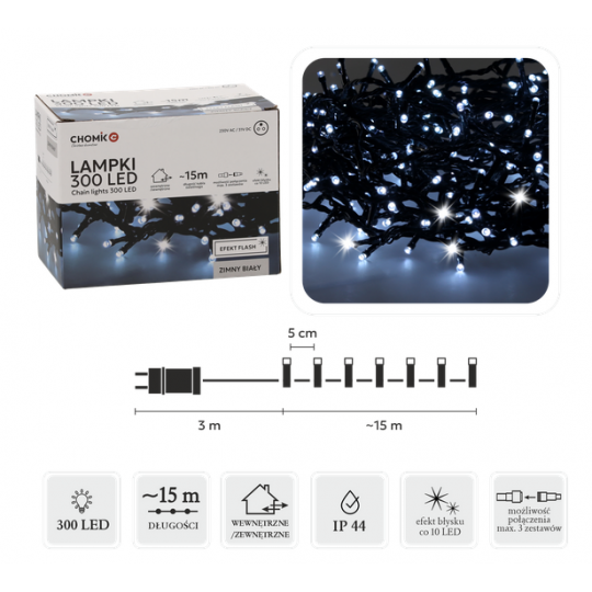 LAMPKI LED 300L ZIMNY BIAŁY + ZIMNY FLASH, DŁ. 3 + 15 M