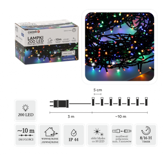 LAMPKI OŚWIETLENIE ŚWIĄTECZNE LED 200L MULTIKOLOR + ZIMNY FLASH DŁ. 3 + 10 M
