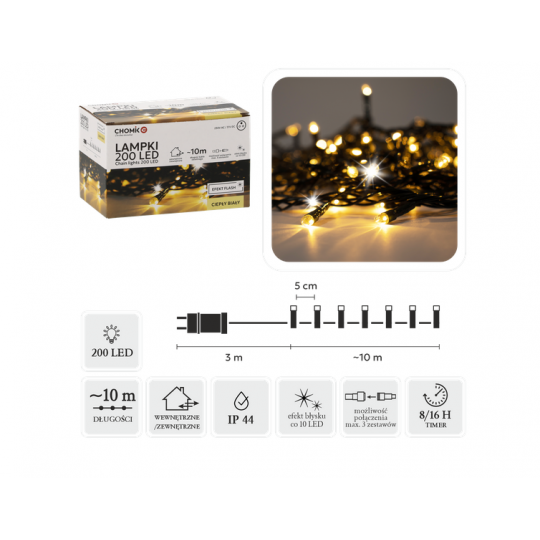 LAMPKI OŚWIETLENIE ŚWIĄTECZNE LED 200L CIEPŁY BIAŁY + ZIMNY FLASH, DŁ. 3 + 10 M