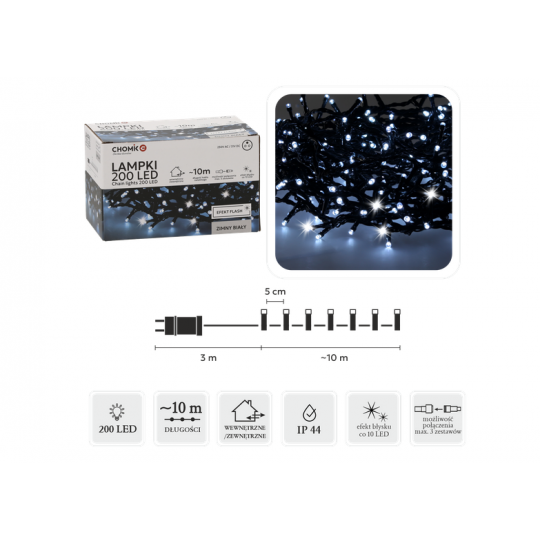 LAMPKI OŚWIETLENIE ŚWIĄTECZNE LED 200L ZIMNY BIAŁY + ZIMNY FLASH, DŁ. 3 + 10 M