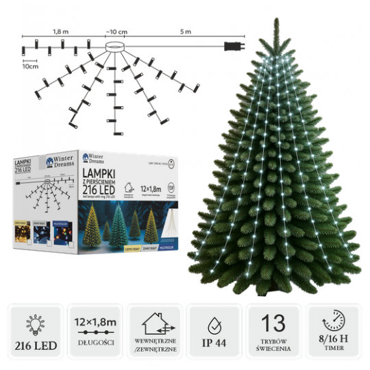 LAMPKI OŚWIETLENIE ŚWIĄTECZNE Z PIERŚCIENIEM 1,8 M 216L ZIMNY BIAŁY