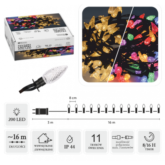 LAMPKI LED SZYSZKI 200L CIEPŁY BIAŁY + MULTIKOLOR, DŁ.3 + 16 M