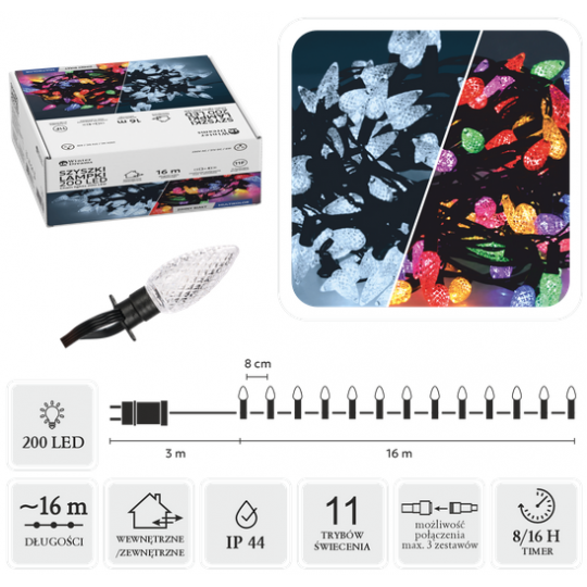 LAMPKI LED SZYSZKI 200L ZIMNY BIAŁY + MULTIKOLOR, DŁ. 3 + 16 M