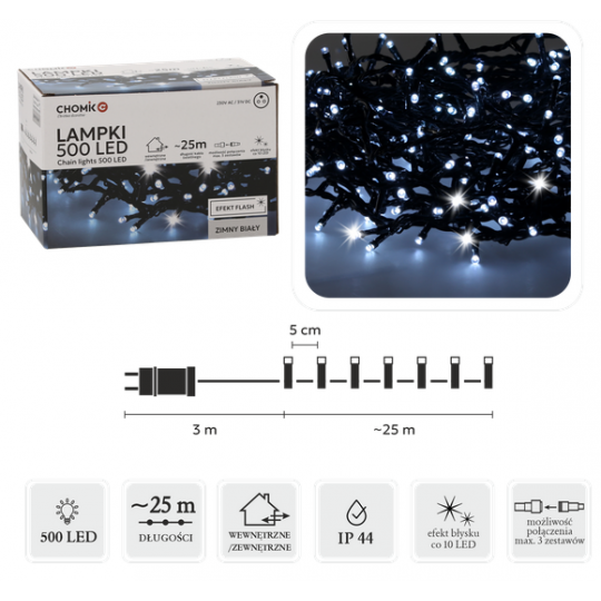 LAMPKI OŚWIETLENIE ŚWIĄTECZNE LED 500L ZIMNY BIAŁY + ZIMNY FLASH DŁ. 3 + 25 M
