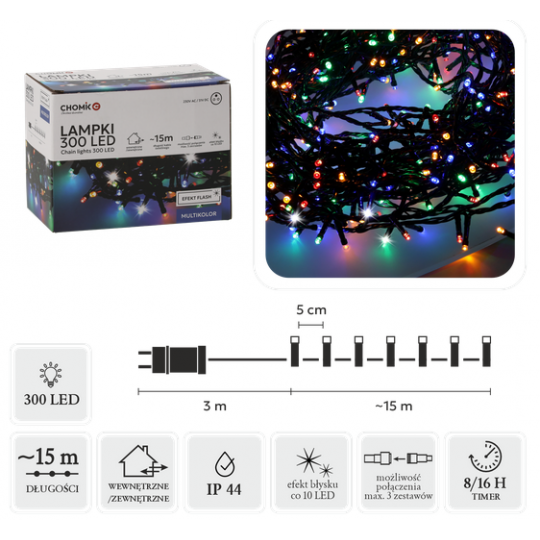LAMPKI OŚWIETLENIE ŚWIĄTECZNE 300L MULTIKOLOR + ZIMNY FLASH DŁUGOŚĆ 3 + 15 M