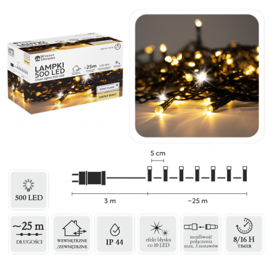 LAMPKI OŚWIETLENIE ŚWIĄTECZNE 500L CIEPŁY BIAŁY + ZIMNY FLASH DŁUGOŚĆ 3 + 25 M