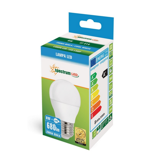 Żarówka LED kulka E27 230V 8W zimna CW WOJ+14219_8W SPECTRUM