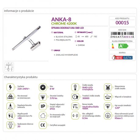 Kinkiet nad lustro LED ANKA-8 chrom 4200K 8W