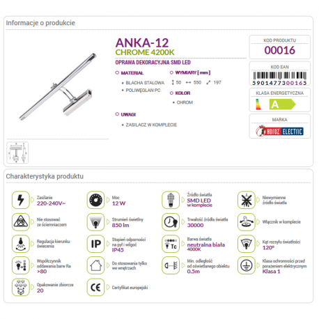 Kinkiet nad lustro LED ANKA-12 chrom 4200K 12W Struhm