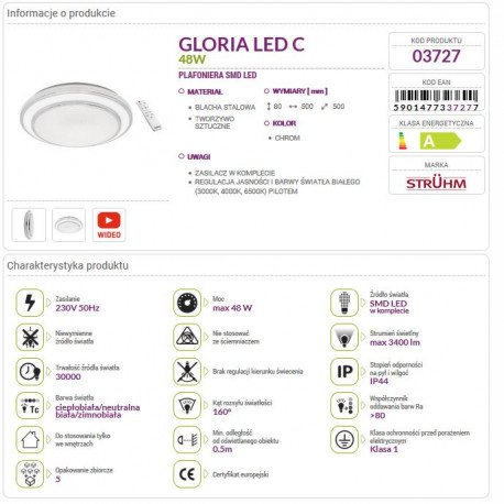 GLORIA LED C 48W plafond lamp + remote control 03727 Struhm