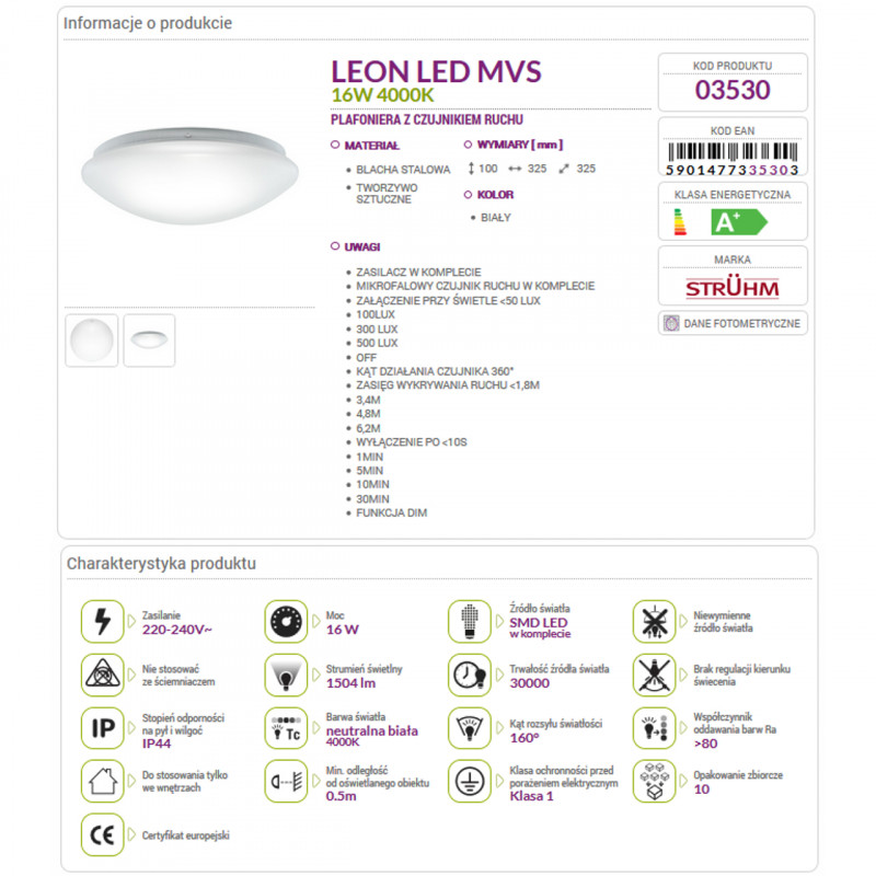 Lampa plafon LED LEON + czujnik ruchu 16W 4000K 03530 STRUHM
