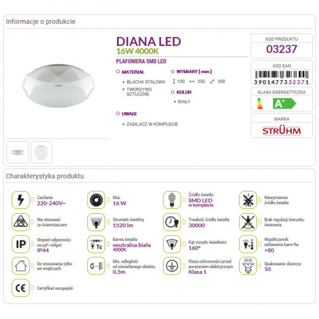 DIANA LED 16W 4000K plafond lamp 03237 Struhm