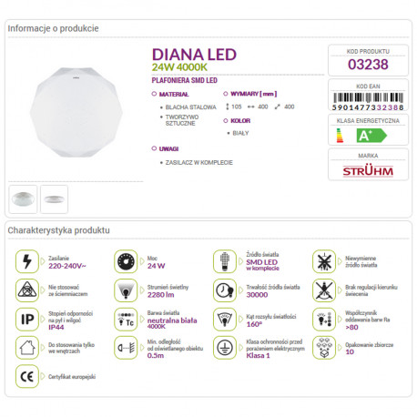 DIANA LED 24W 4000K plafond lamp 03238 Struhm